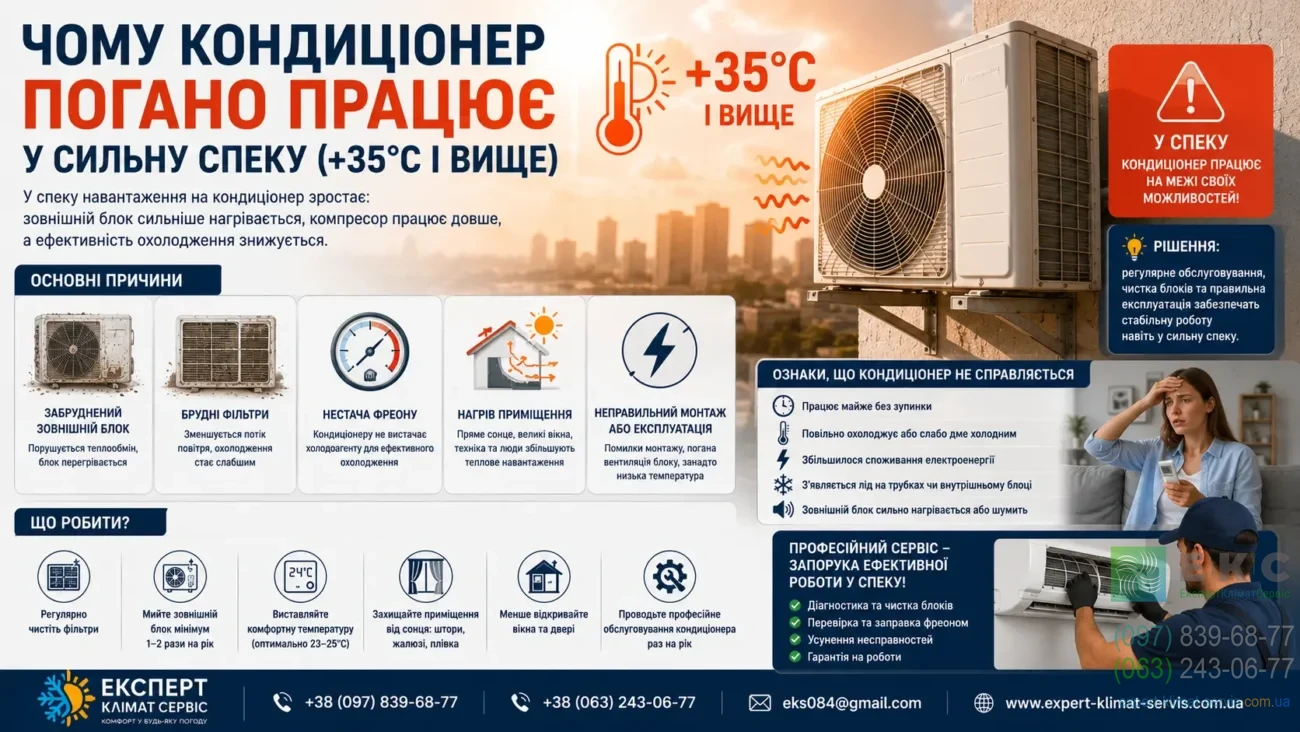 Чому кондиціонер погано працює у сильну спеку (+35°C і вище): причини та рішення
